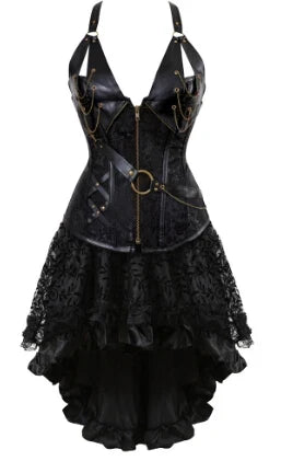 Steampunk Leather-Strap Buckle Corset & Skirt