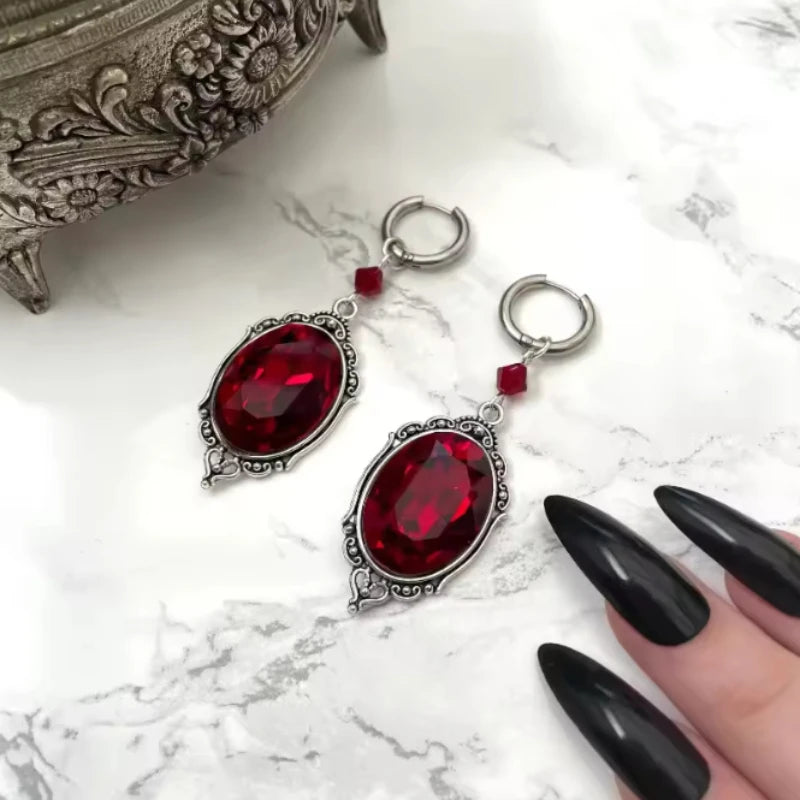 Gothic Blood-Red Oval Earrings