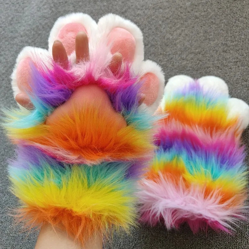 Rainbow Furry Claw Gloves