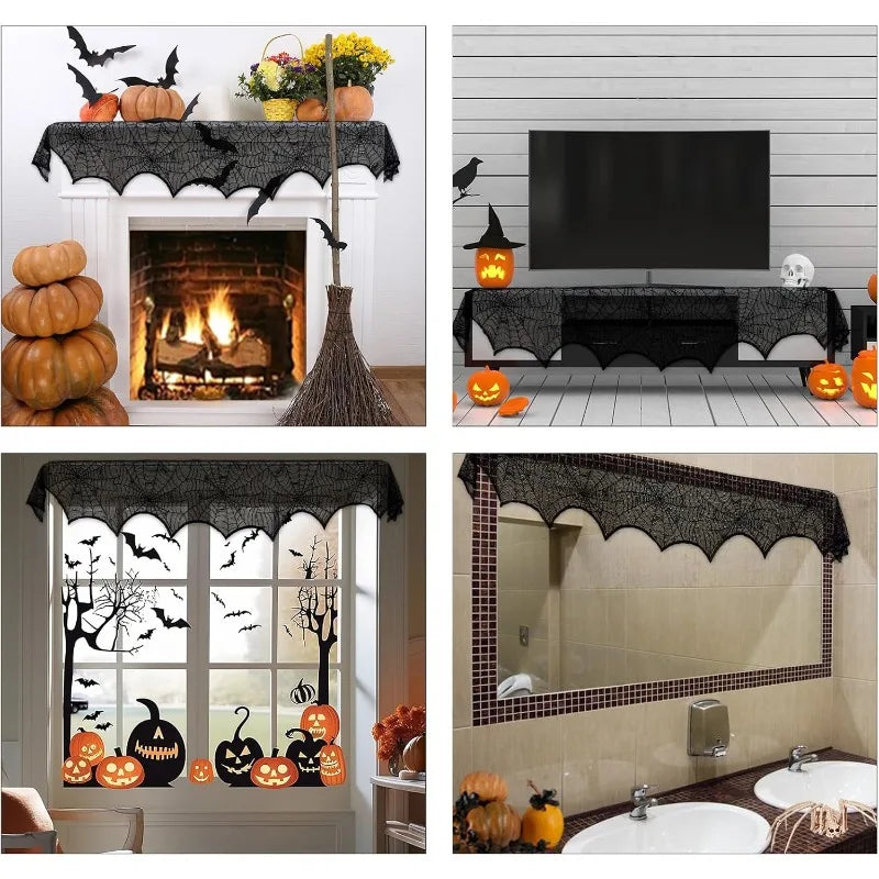 Black Lace Spiderweb Fireplace Mantle Scarf