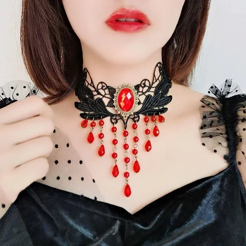 Black Lace Red Teardrop Bib Necklace