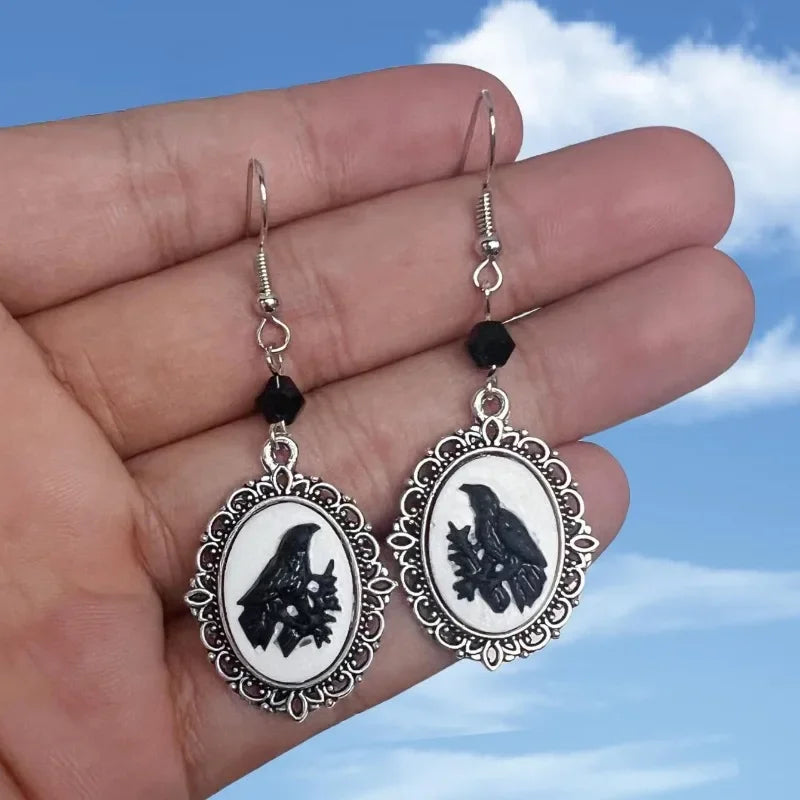 White Cat & Raven Drop Earrings