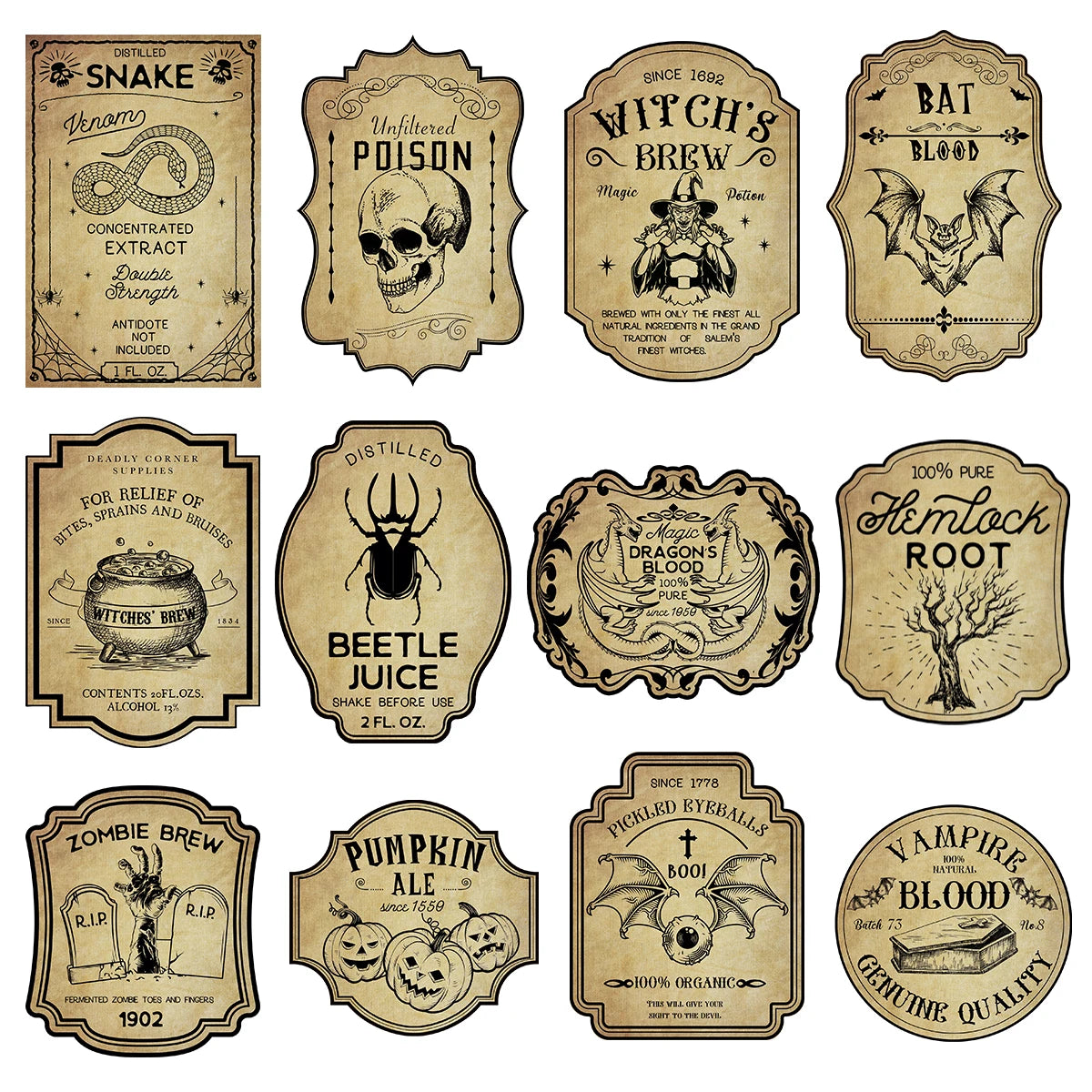 Retro Wine Bottle Decals — Witch Potion Graffiti (12/24pc)