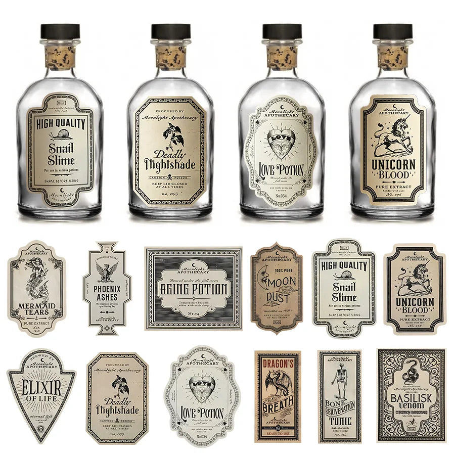 Retro Witch Potion Wine Bottle Stickers (12pc)
