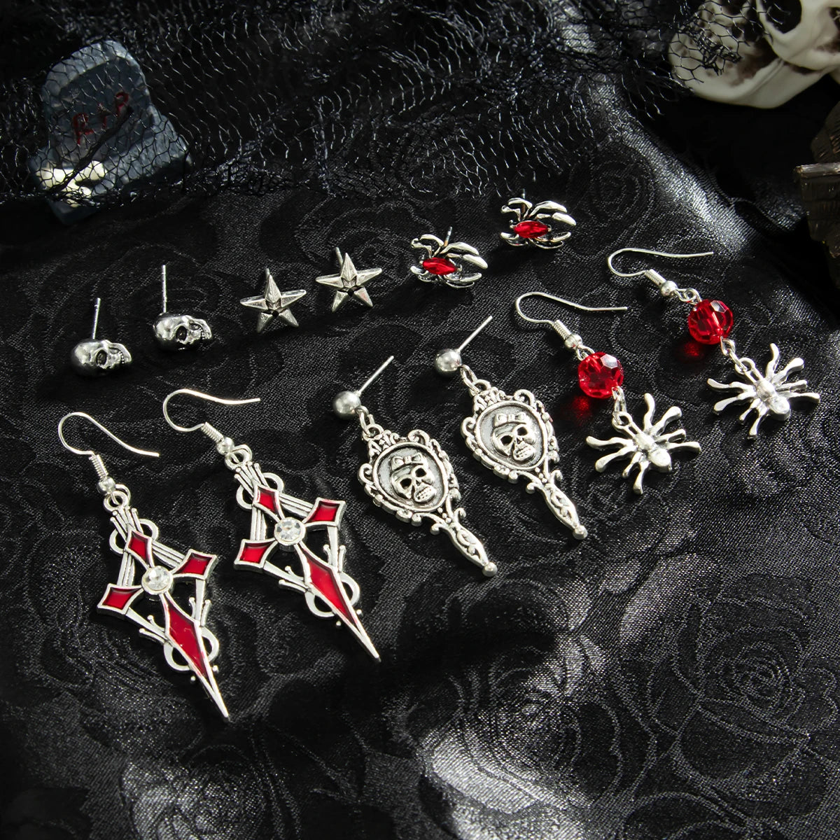 Red Crystal Skull Earring Set