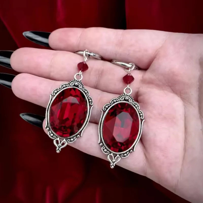 Gothic Blood-Red Oval Earrings