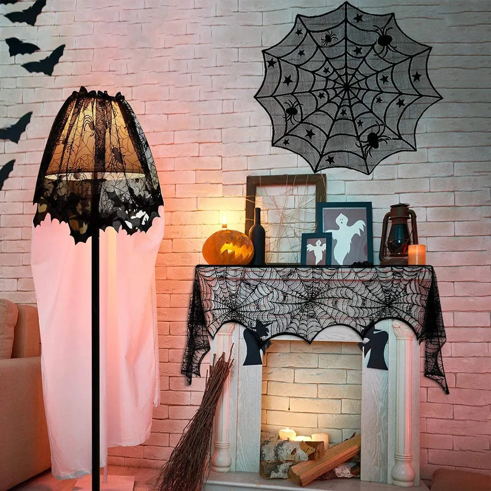 Bat & Spider Web Black Lace Tablecloth