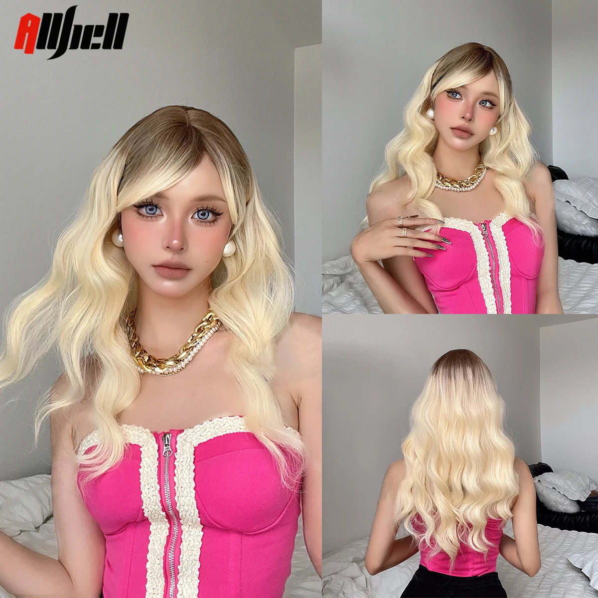 Blonde-Pink Wavy Wig