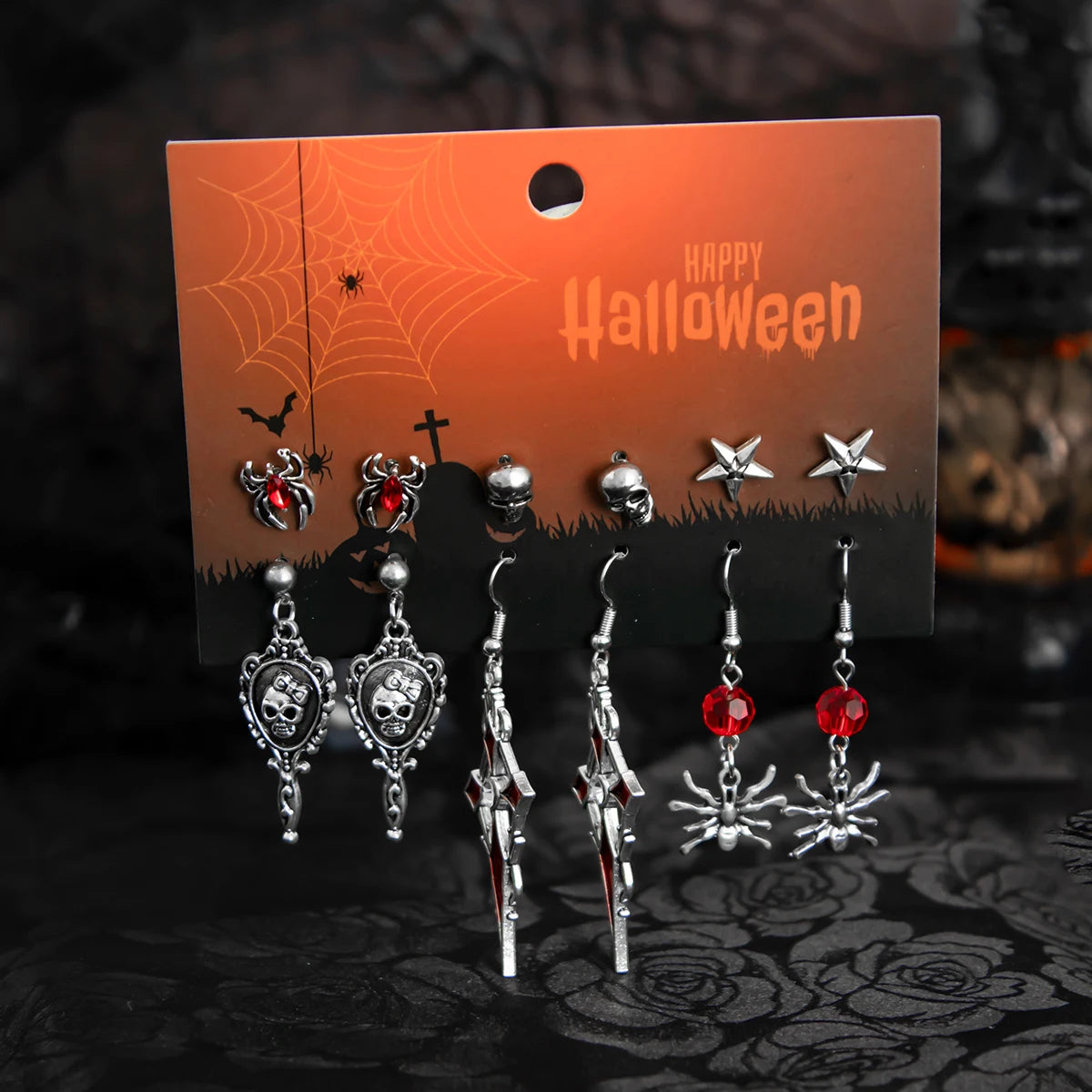 Red Crystal Skull Earring Set