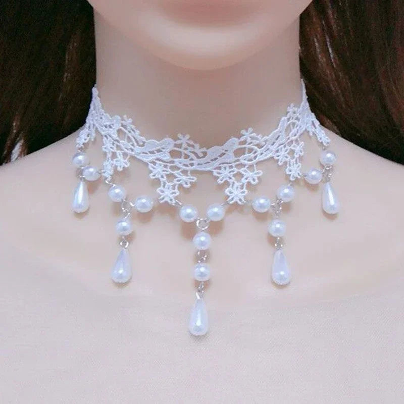 White Lace Pearl Bib Choker