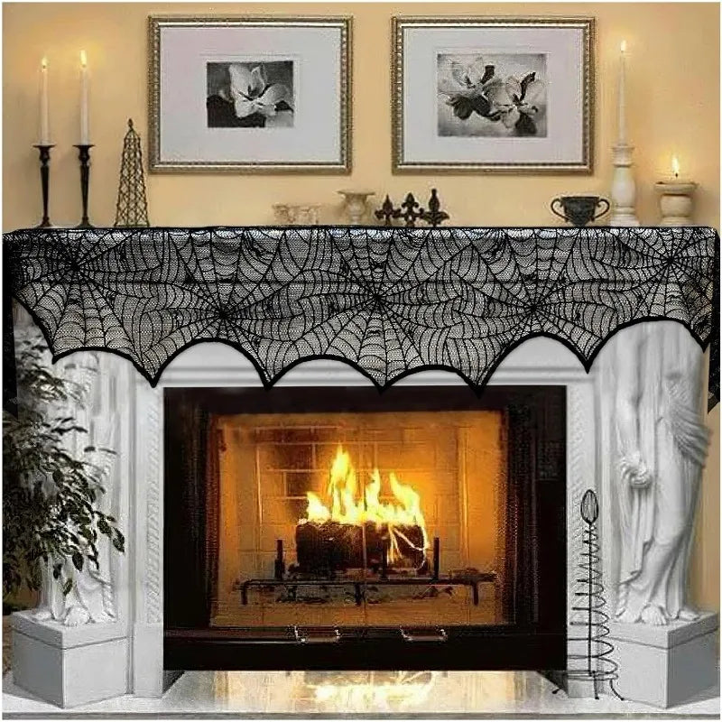 Black Lace Spiderweb Fireplace Mantle Scarf