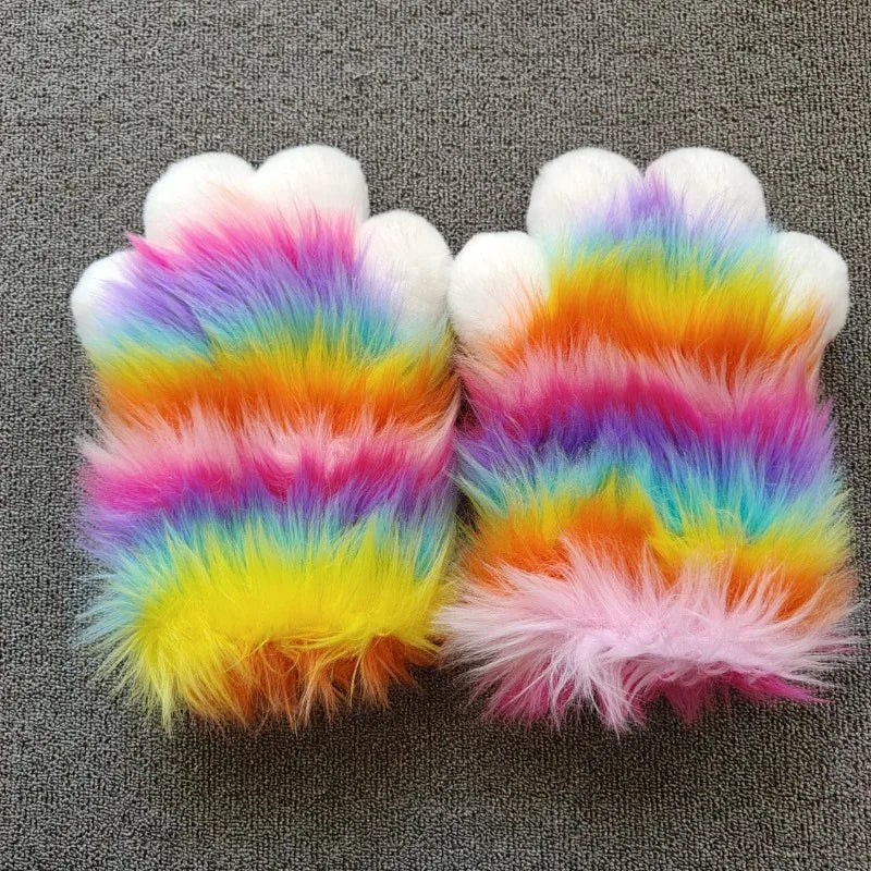 Rainbow Furry Claw Gloves