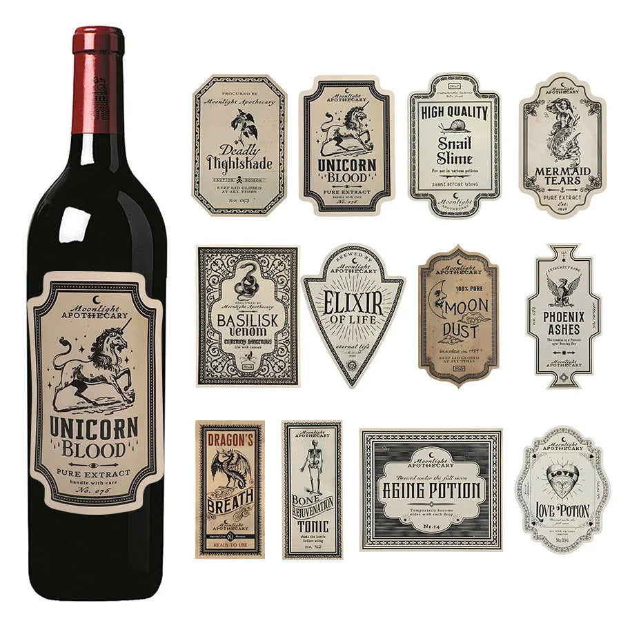 Retro Witch Potion Wine Bottle Stickers (12pc)