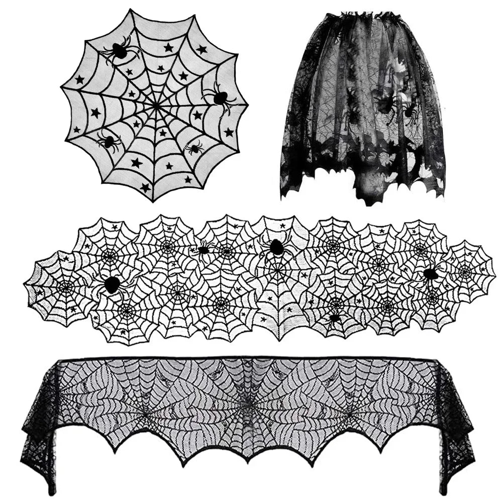 Bat & Spider Web Black Lace Tablecloth