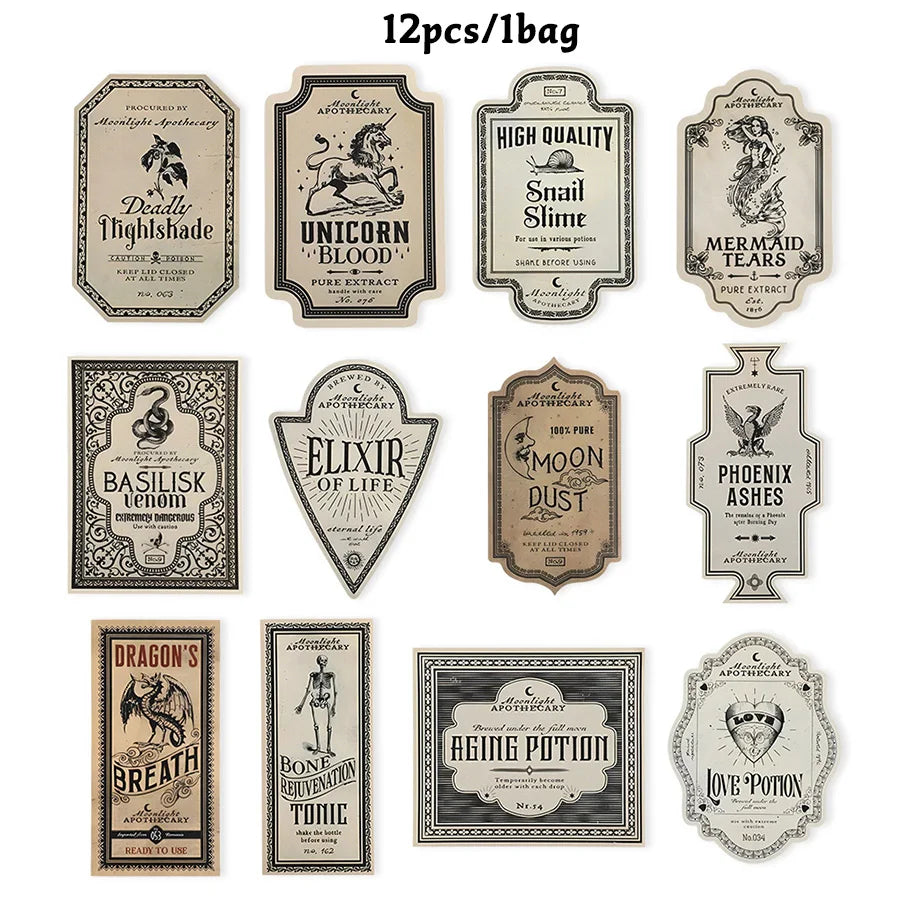 Retro Witch Potion Wine Bottle Stickers (12pc)