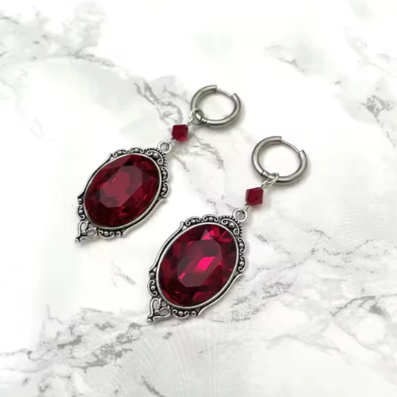 Gothic Blood-Red Oval Earrings