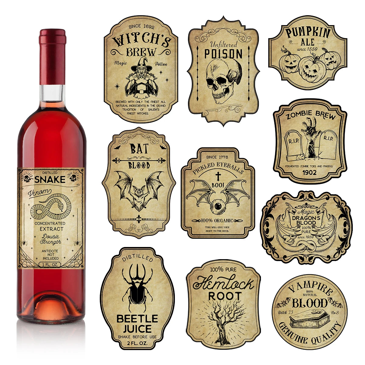 Retro Wine Bottle Decals — Witch Potion Graffiti (12/24pc)