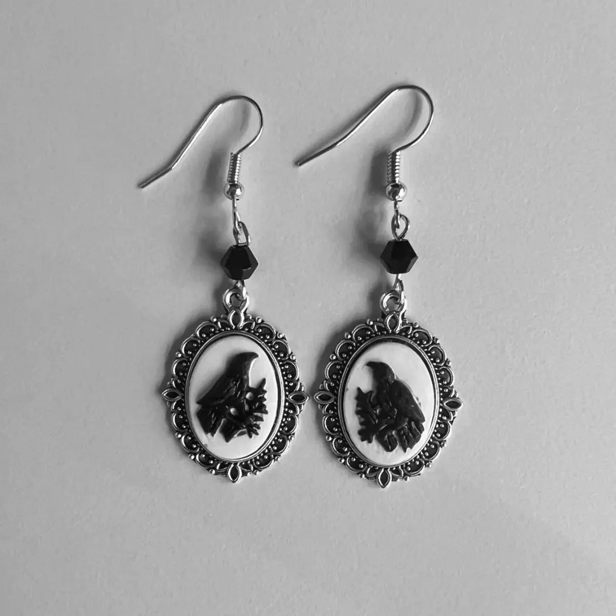 White Cat & Raven Drop Earrings