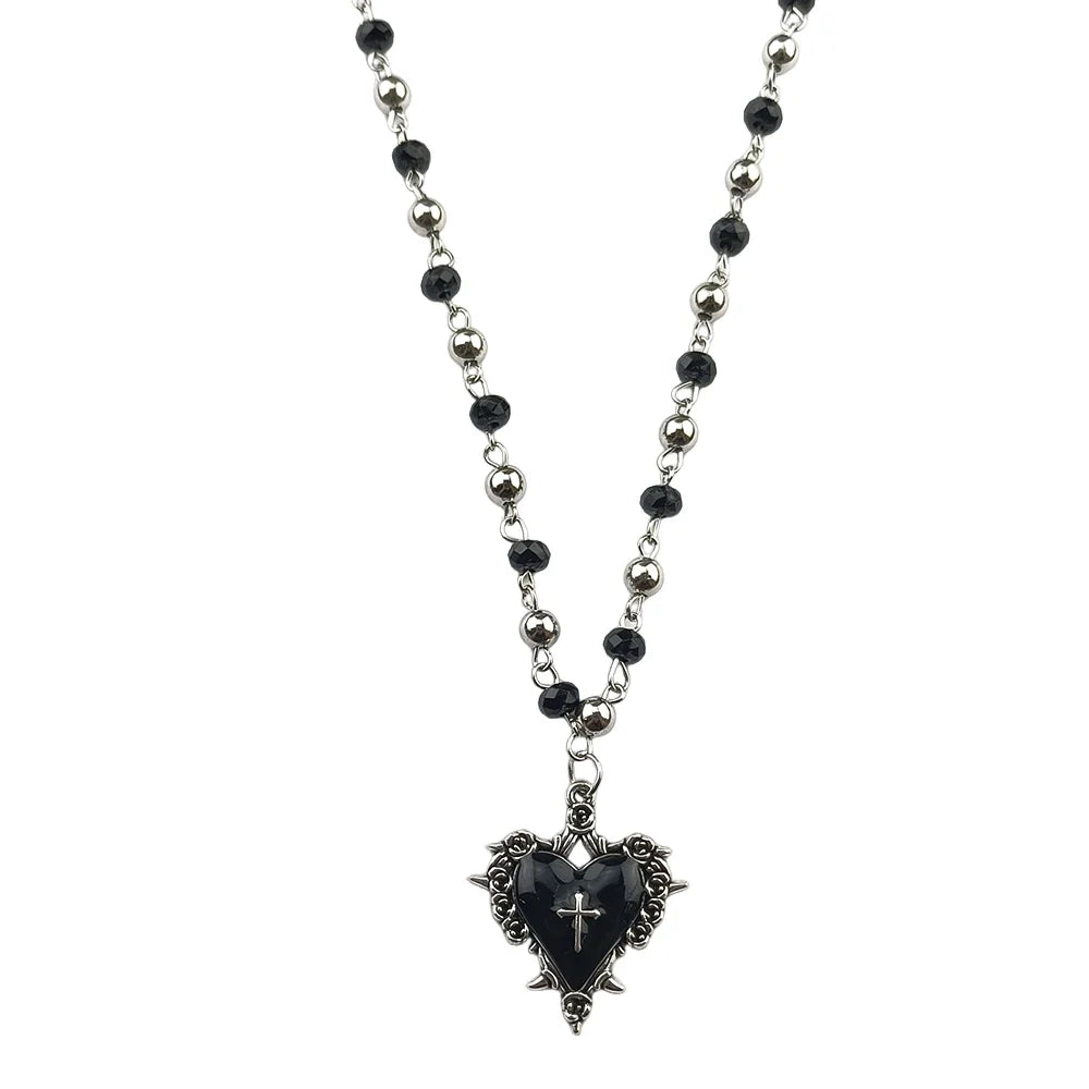 Gothic Heart & Cross Rosary Necklace