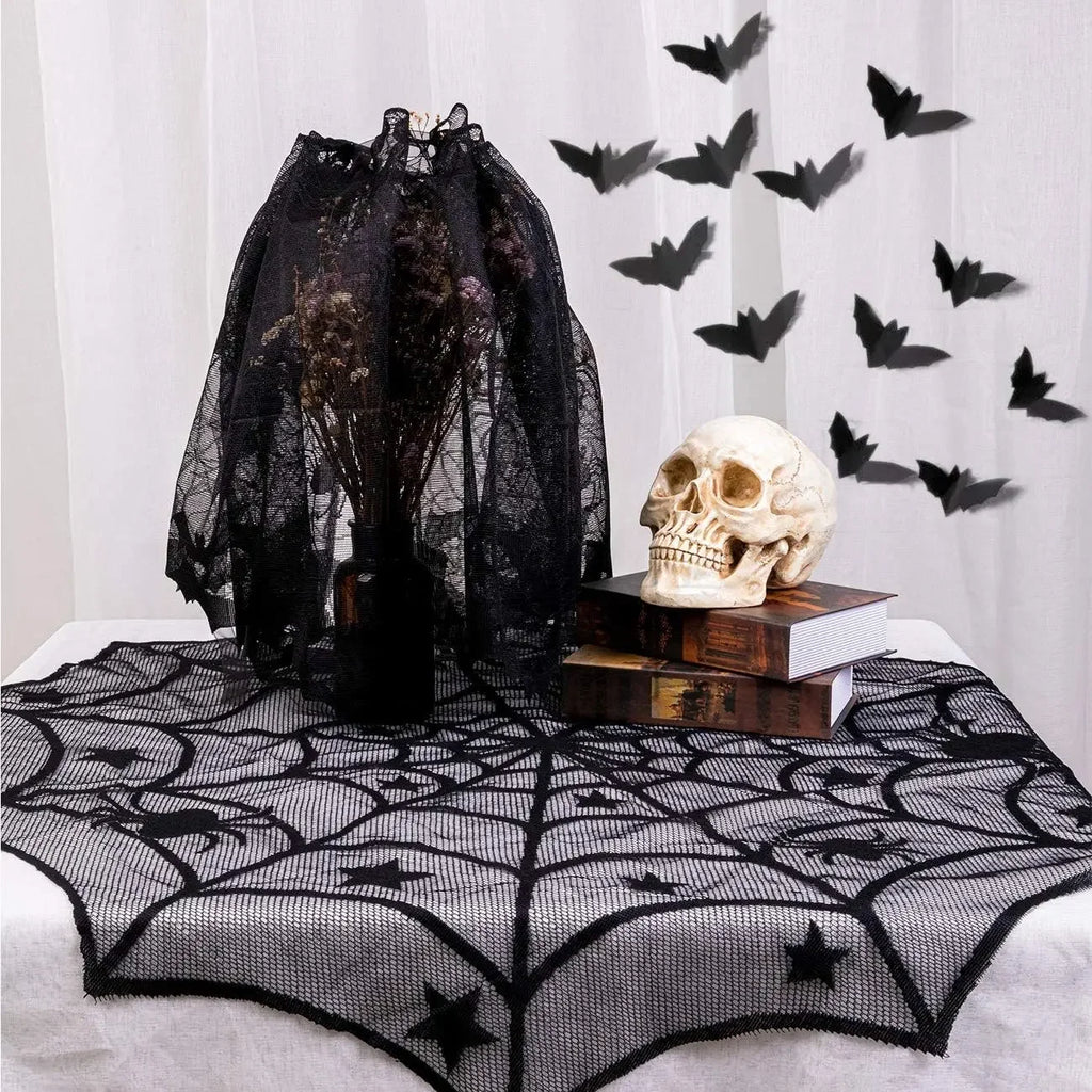 Bat & Spider Web Black Lace Tablecloth