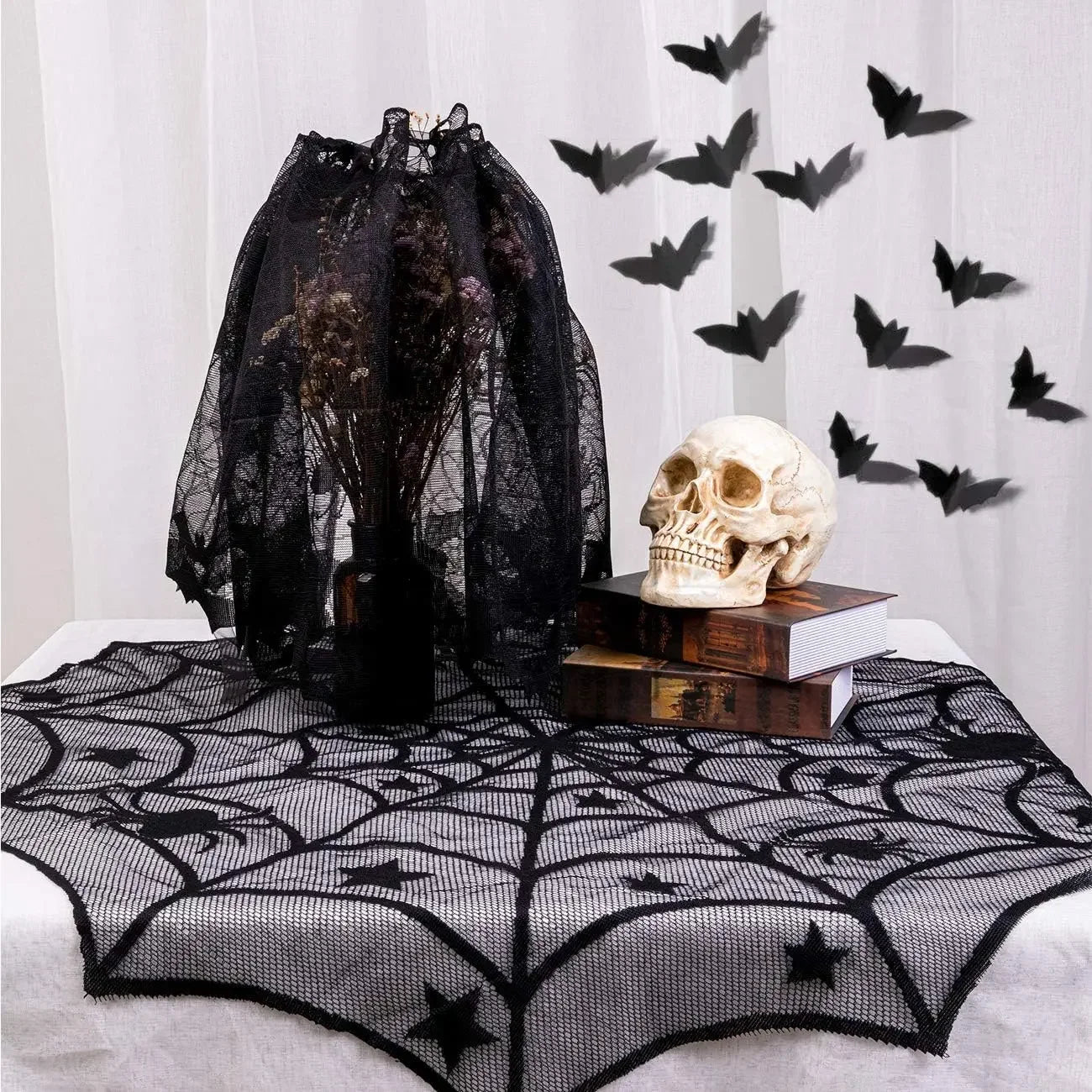 Bat & Spider Web Black Lace Tablecloth