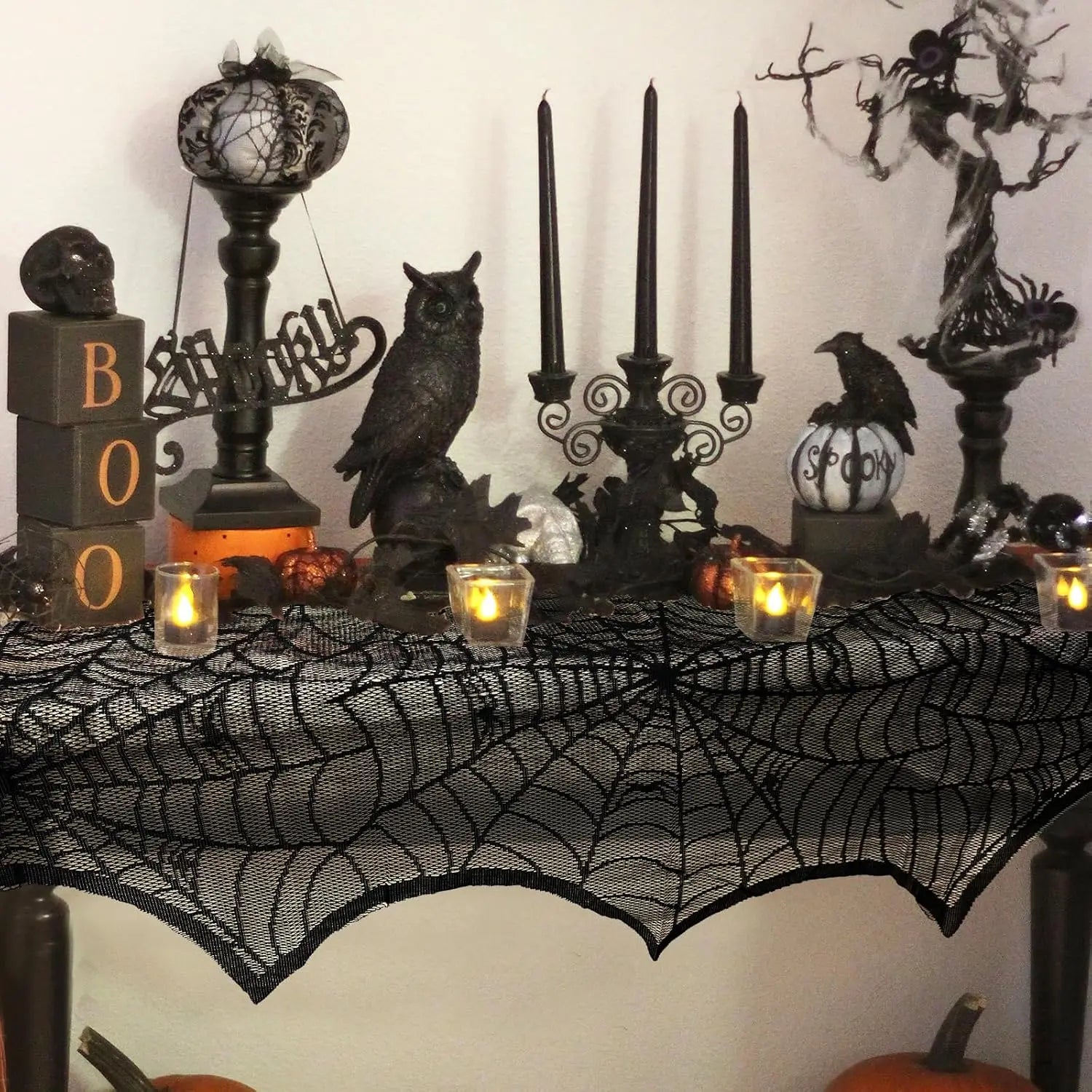 Black Lace Spiderweb Fireplace Mantle Scarf