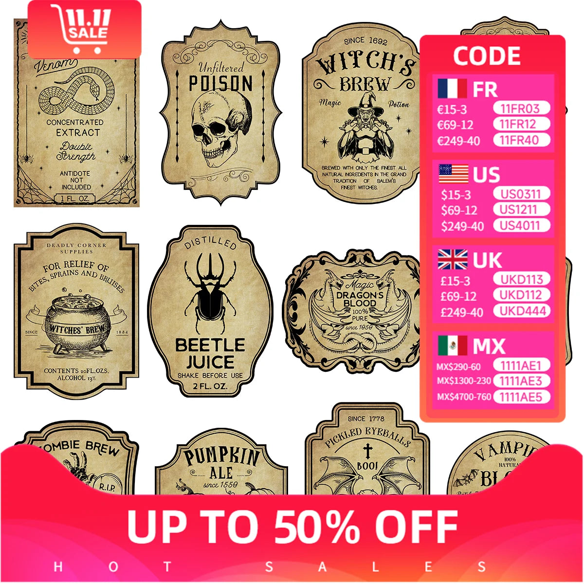 Retro Wine Bottle Decals — Witch Potion Graffiti (12/24pc)