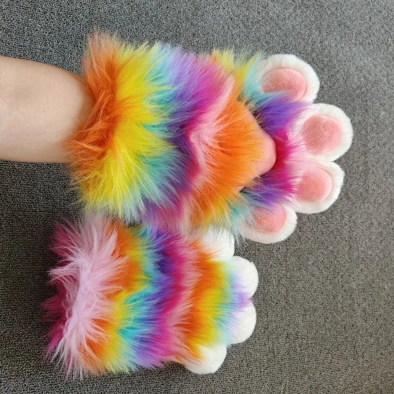 Rainbow Furry Claw Gloves