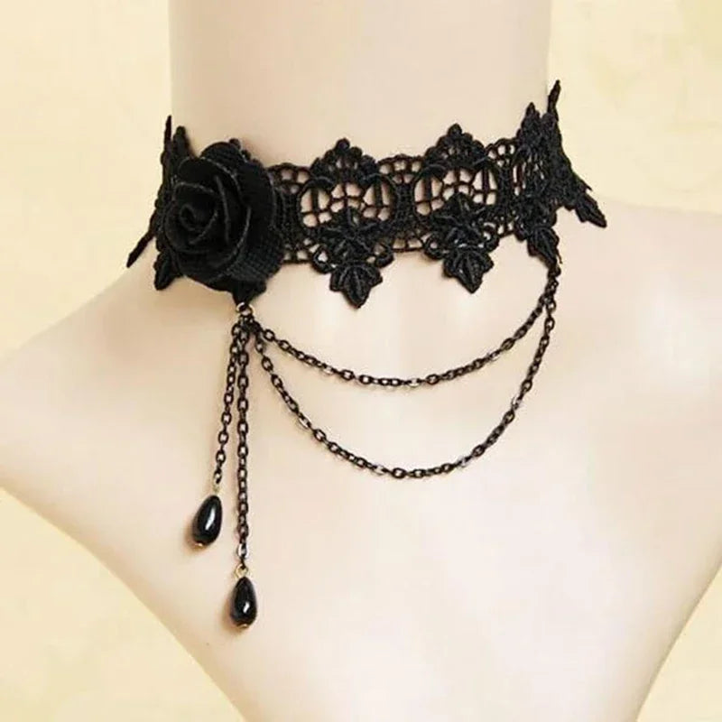 Black Lace Rose Chain Choker