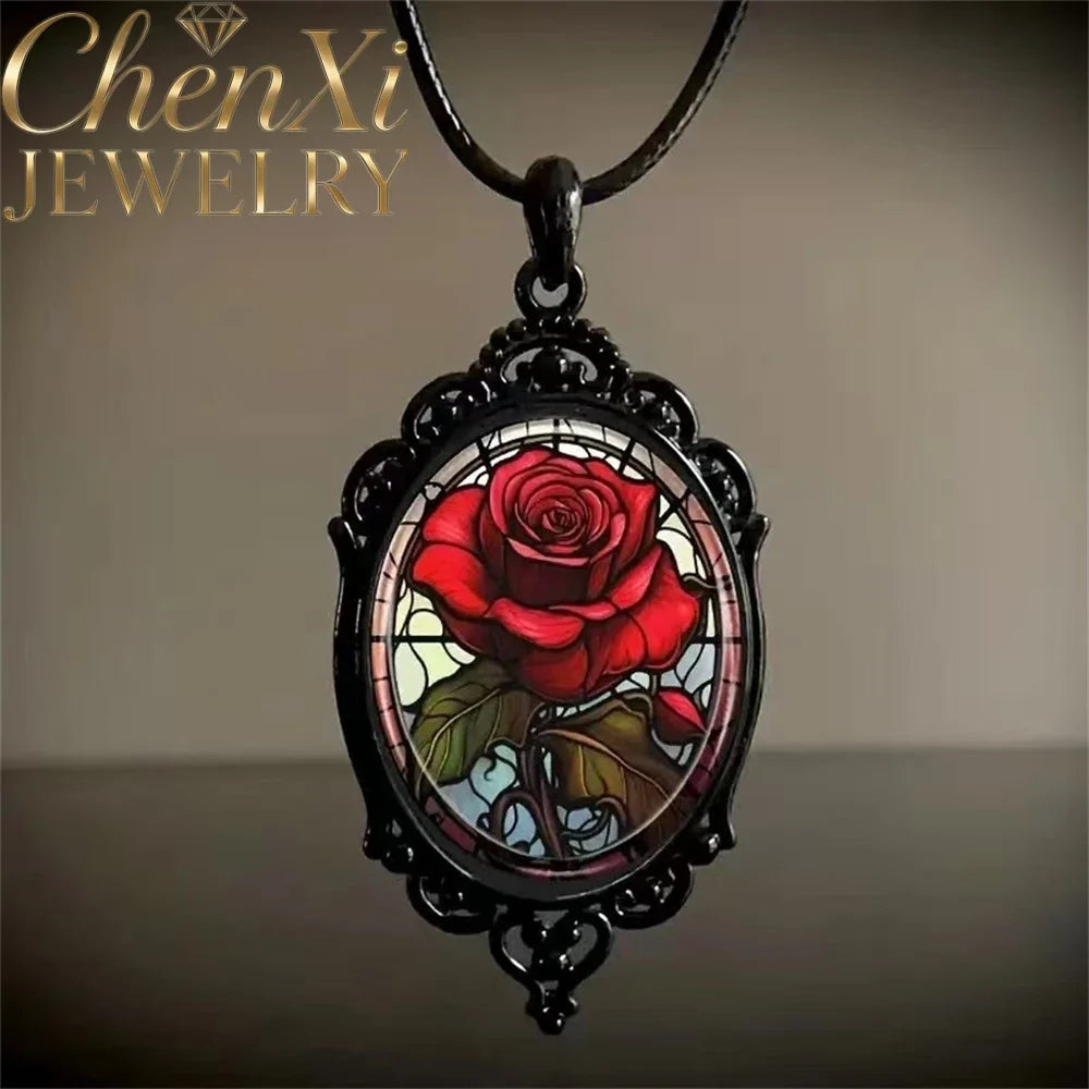 Red Rose Glass Pendant Necklace