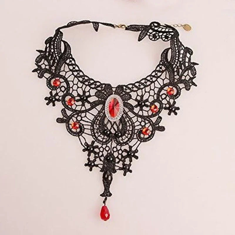 Gothic Lace Bib Necklace with Red Gems