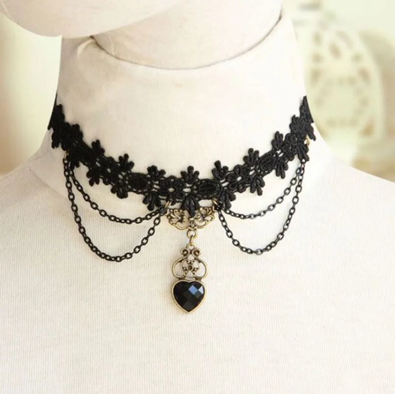 Black Lace Heart Pendant Choker