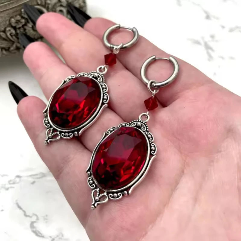 Gothic Blood-Red Oval Earrings