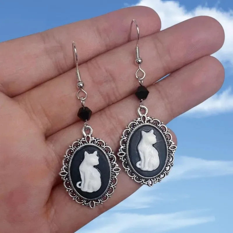 White Cat & Raven Drop Earrings