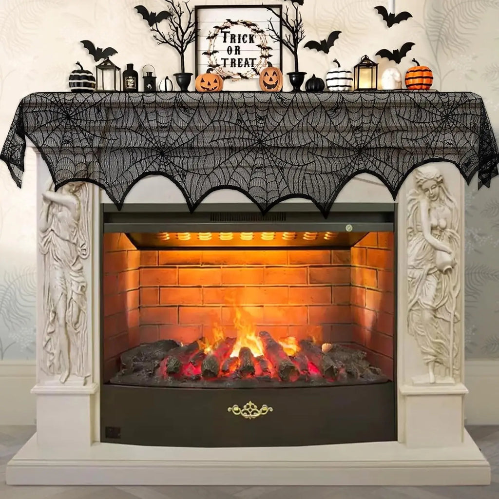 Black Lace Spiderweb Fireplace Mantle Scarf