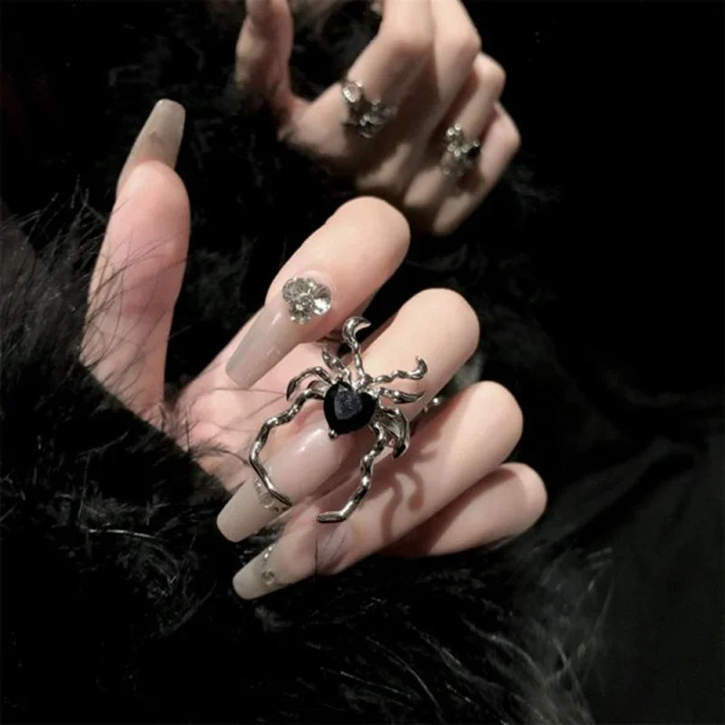 Silver Spider Ring with Black Heart Stone