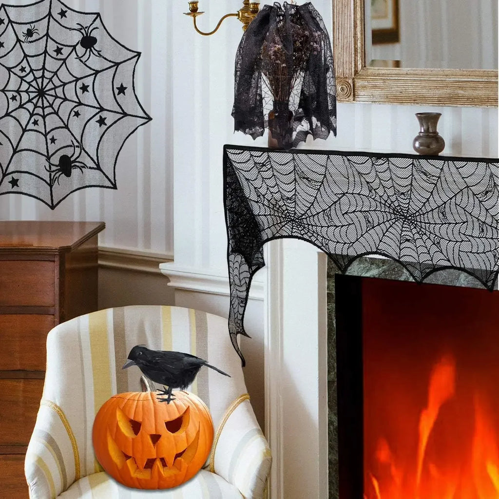 Bat & Spider Web Black Lace Tablecloth