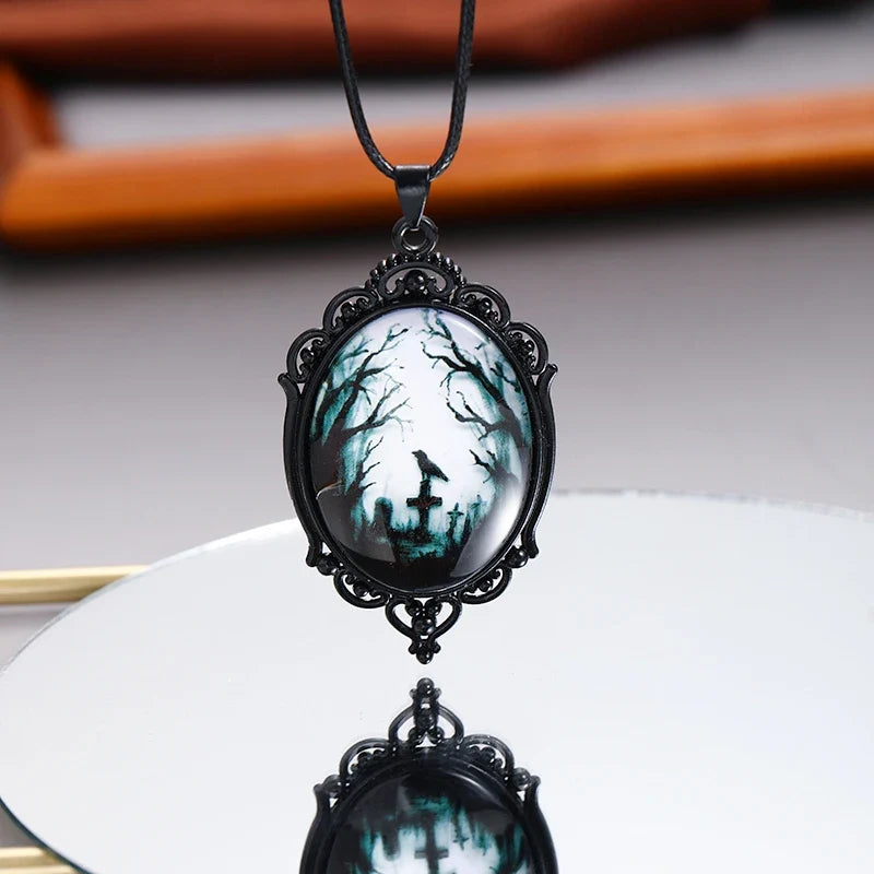Gothic Forest Raven Cameo Necklace