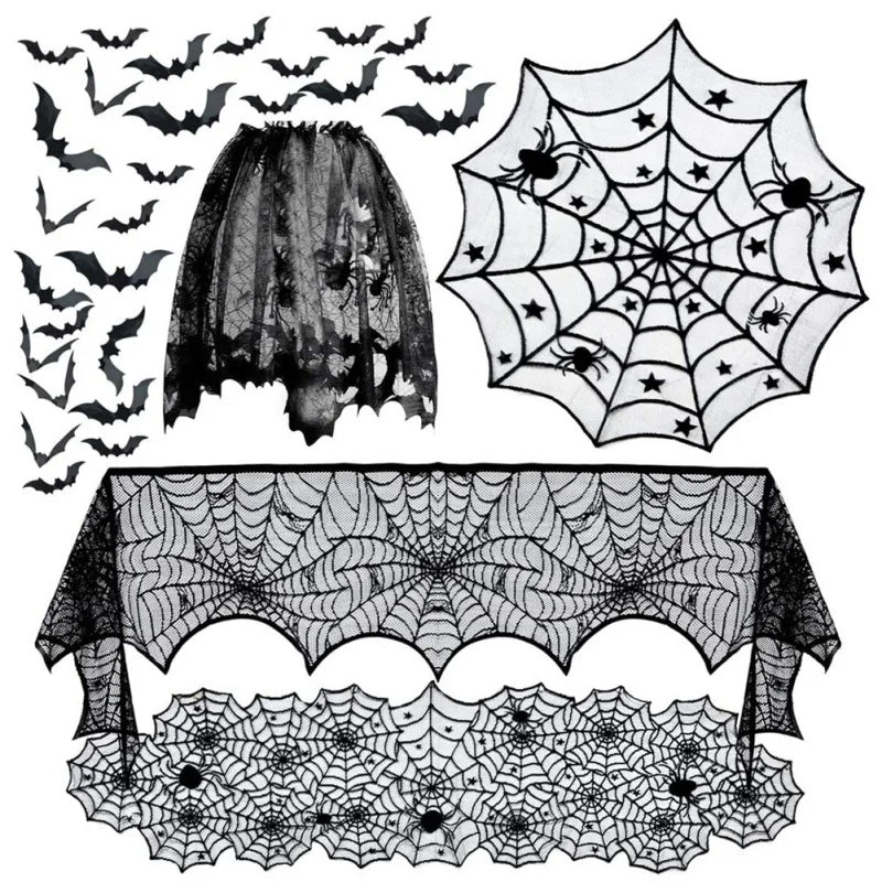 Bat & Spider Web Black Lace Tablecloth
