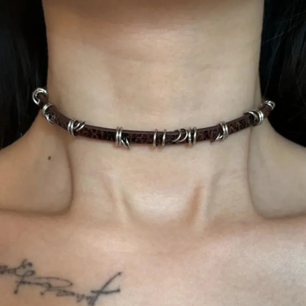 Y2K Leather Chain Choker