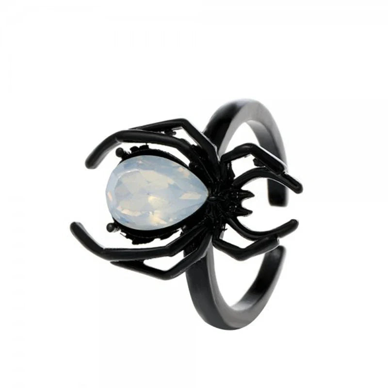 Black-Tone Spider Ring with White Opal-Look Stone