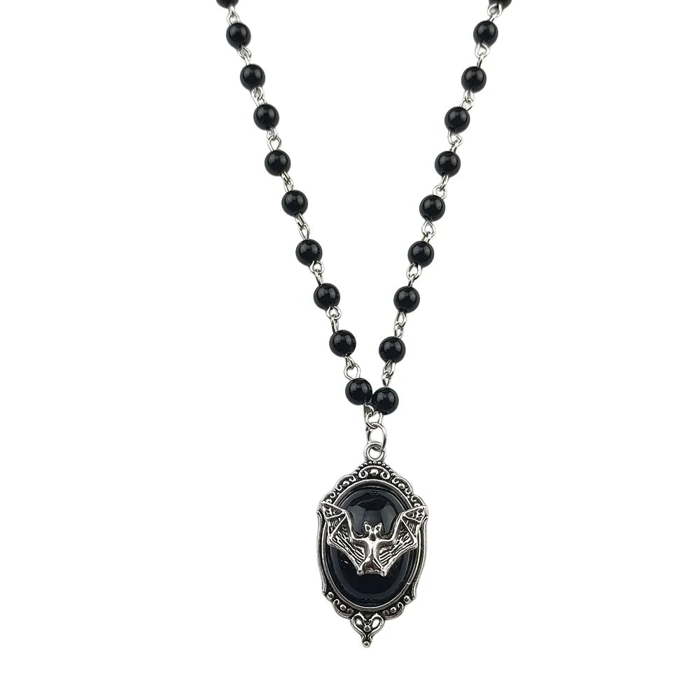 Gothic Bat Cameo Rosary Necklace