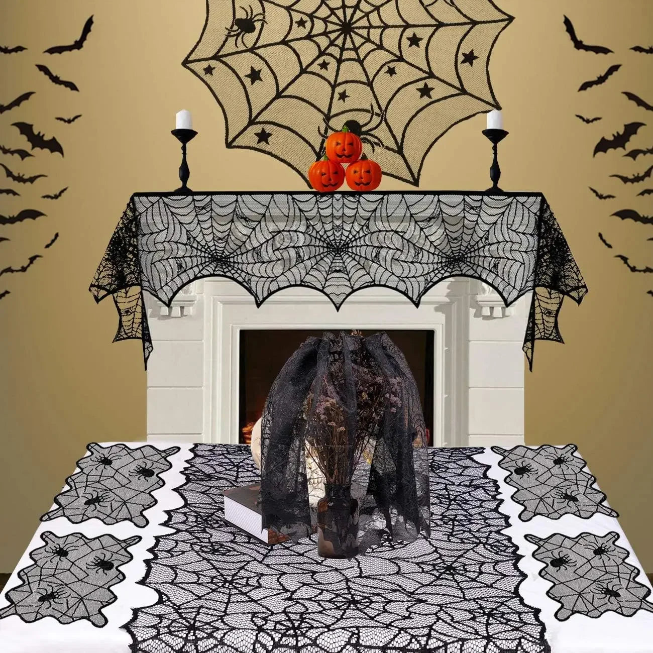 Bat & Spider Web Black Lace Tablecloth