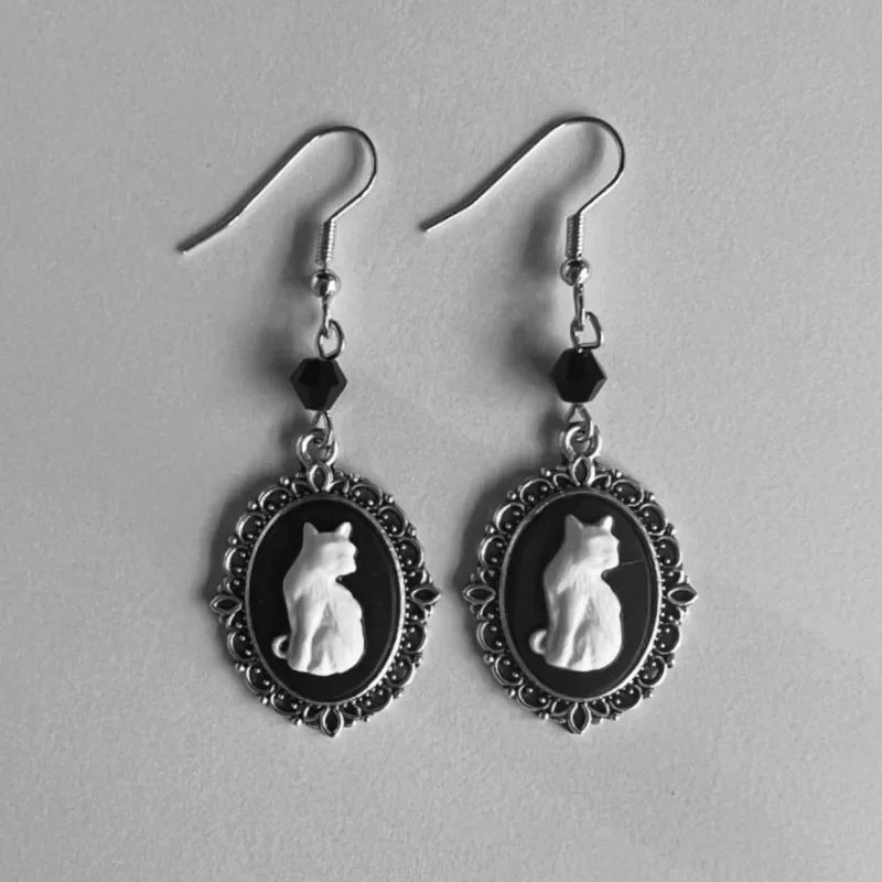 White Cat & Raven Drop Earrings