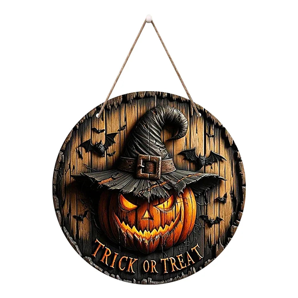 Round Wood Sign — Pumpkin & Ghost