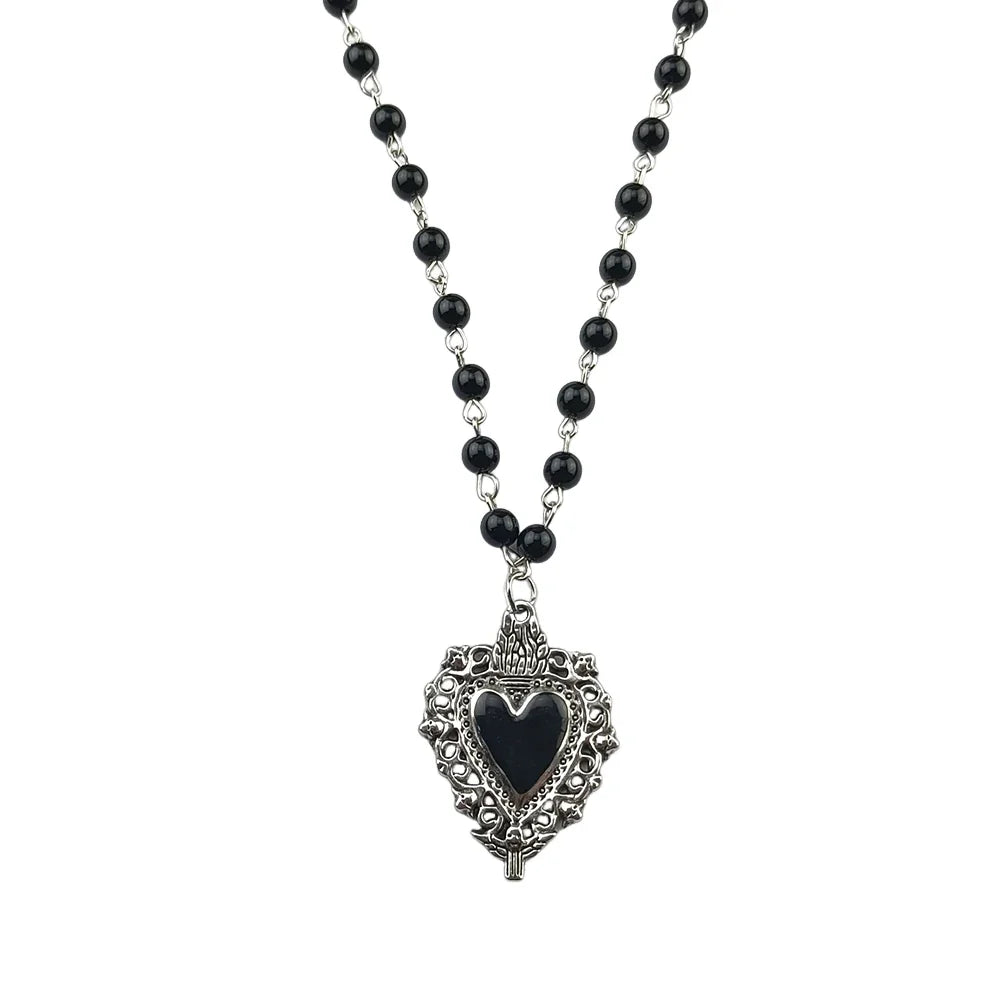 Gothic Heart Pendant Rosary Necklace