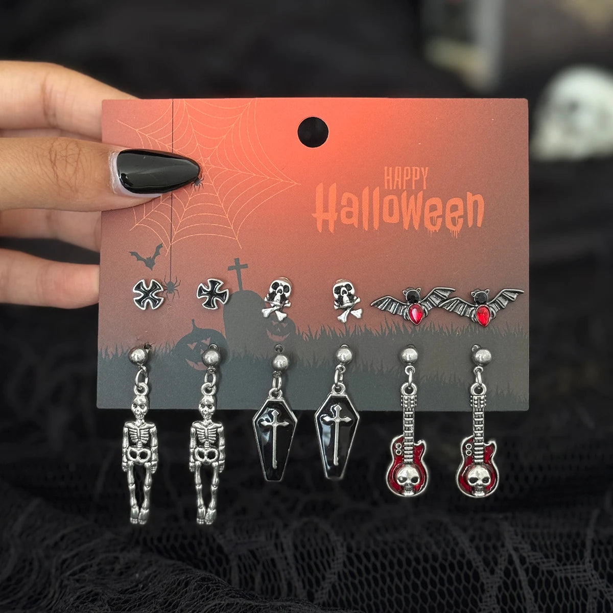 Red Crystal Skull Earring Set
