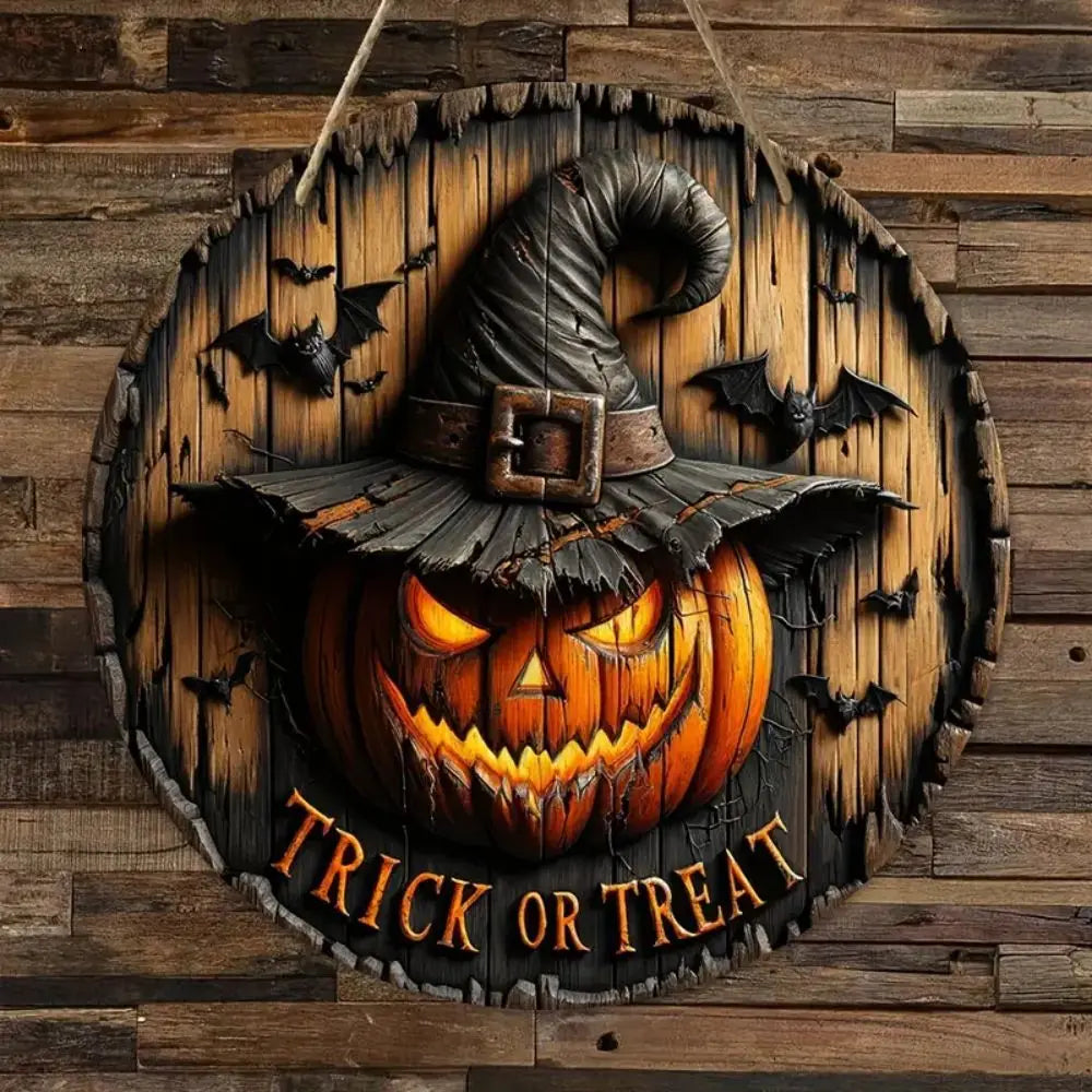 Round Wood Sign — Pumpkin & Ghost