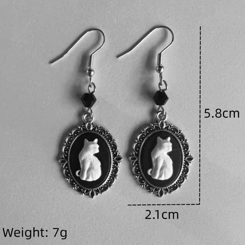 White Cat & Raven Drop Earrings