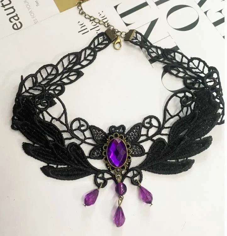 Black Lace Wing Choker with Purple Gems